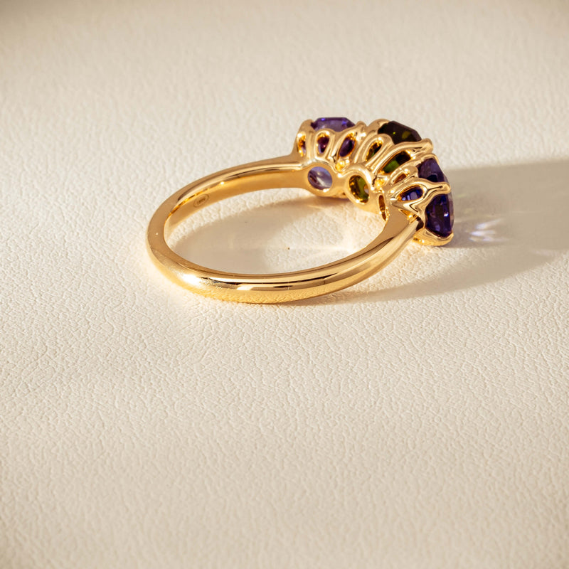 18ct Yellow Gold Tourmaline & Tanzanite Three Stone Octavia Ring - Ring - Walker & Hall