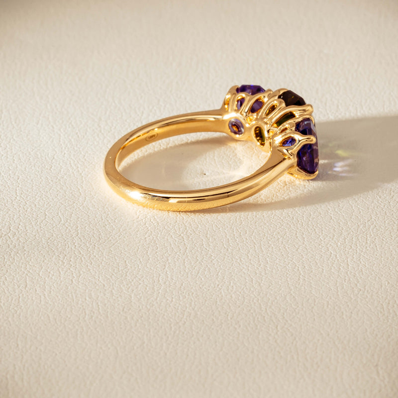 18ct Yellow Gold Tourmaline & Tanzanite Three Stone Octavia Ring - Ring - Walker & Hall