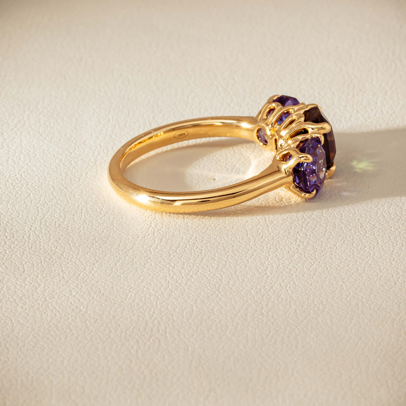 18ct Yellow Gold Tourmaline & Tanzanite Three Stone Octavia Ring - Ring - Walker & Hall