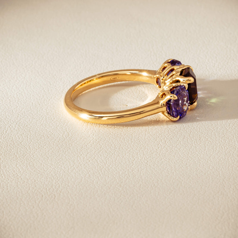 18ct Yellow Gold Tourmaline & Tanzanite Three Stone Octavia Ring - Ring - Walker & Hall
