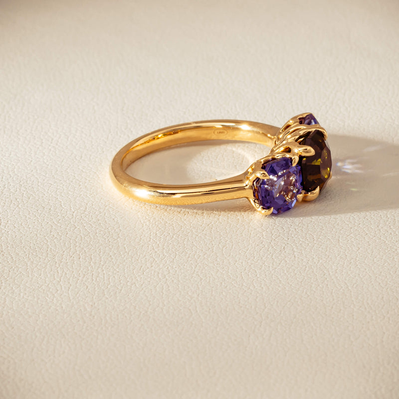 18ct Yellow Gold Tourmaline & Tanzanite Three Stone Octavia Ring - Ring - Walker & Hall