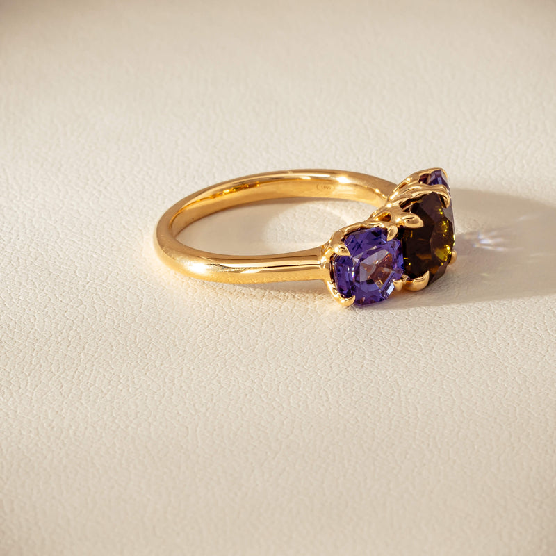 18ct Yellow Gold Tourmaline & Tanzanite Three Stone Octavia Ring - Ring - Walker & Hall
