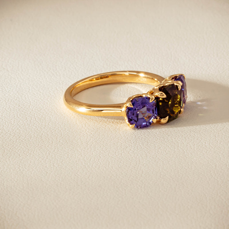 18ct Yellow Gold Tourmaline & Tanzanite Three Stone Octavia Ring - Ring - Walker & Hall
