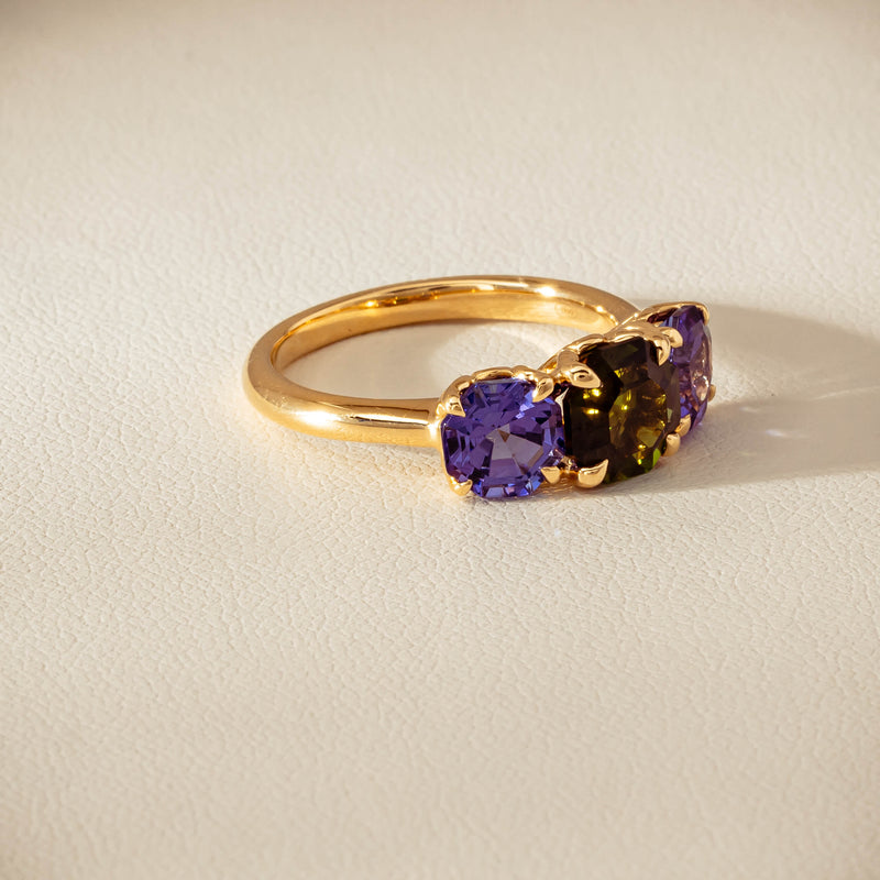 18ct Yellow Gold Tourmaline & Tanzanite Three Stone Octavia Ring - Ring - Walker & Hall