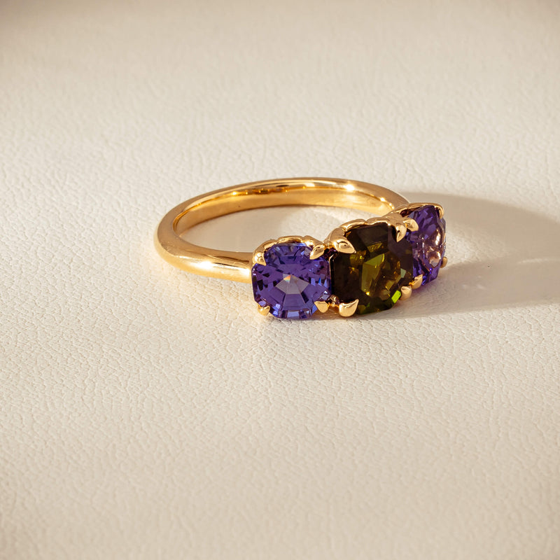 18ct Yellow Gold Tourmaline & Tanzanite Three Stone Octavia Ring - Ring - Walker & Hall