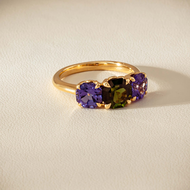 18ct Yellow Gold Tourmaline & Tanzanite Three Stone Octavia Ring - Ring - Walker & Hall