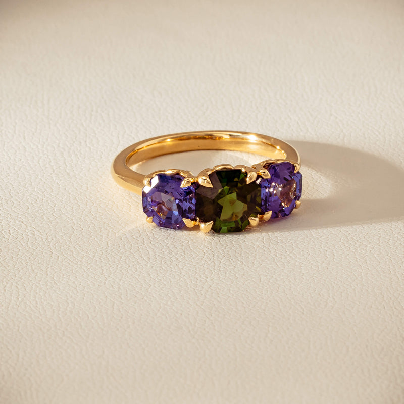 18ct Yellow Gold Tourmaline & Tanzanite Three Stone Octavia Ring - Ring - Walker & Hall