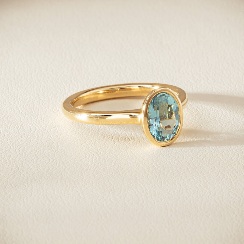 9ct Yellow Gold Aquamarine Rubover Set Ring - Ring - Walker & Hall