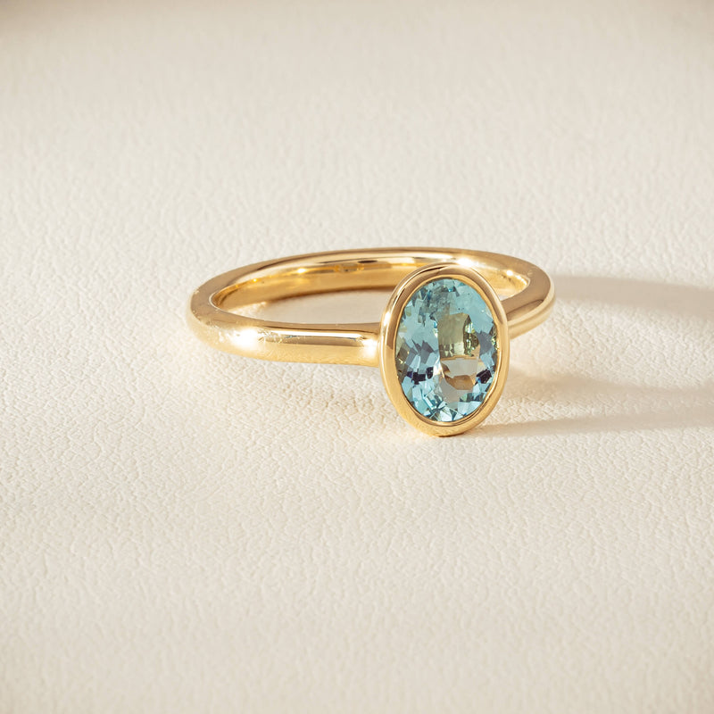 9ct Yellow Gold Aquamarine Rubover Set Ring - Ring - Walker & Hall