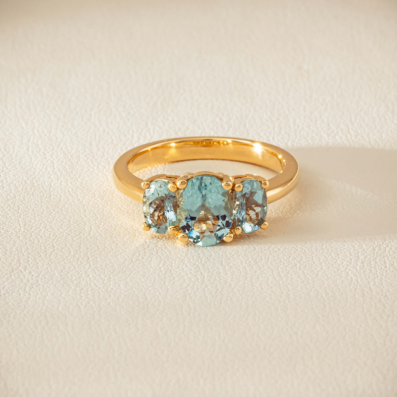 18ct Yellow Gold Aquamarine Odyssey Three-Stone Ring - Ring - Walker & Hall