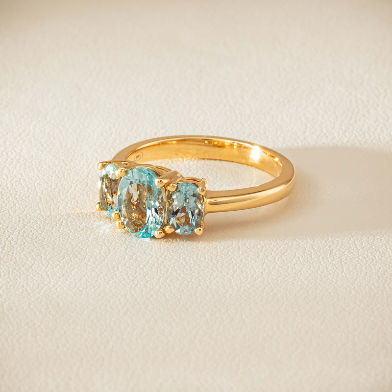 18ct Yellow Gold Aquamarine Odyssey Three-Stone Ring - Ring - Walker & Hall