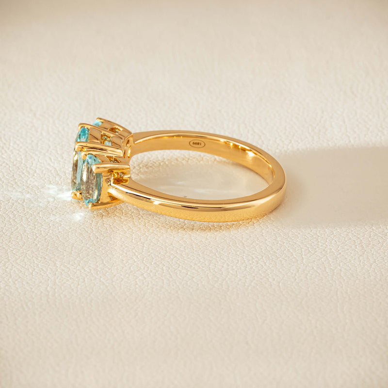 18ct Yellow Gold Aquamarine Odyssey Three-Stone Ring - Ring - Walker & Hall