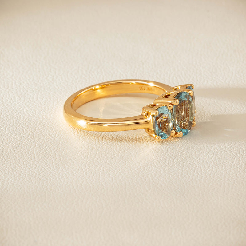 18ct Yellow Gold Aquamarine Odyssey Three-Stone Ring - Ring - Walker & Hall