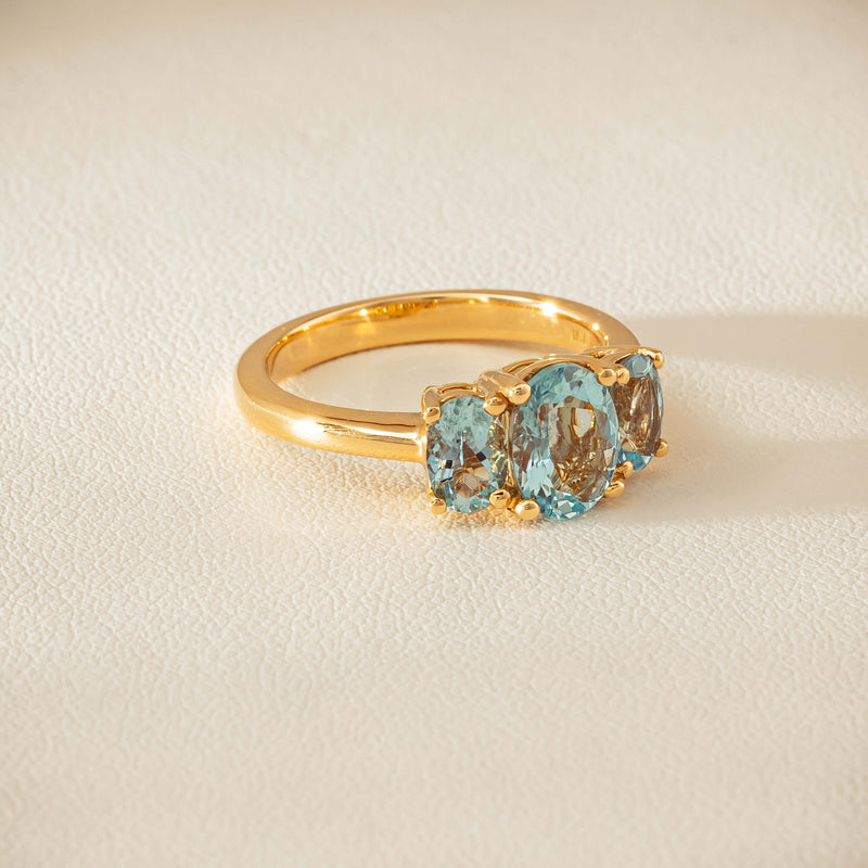 18ct Yellow Gold Aquamarine Odyssey Three-Stone Ring - Ring - Walker & Hall
