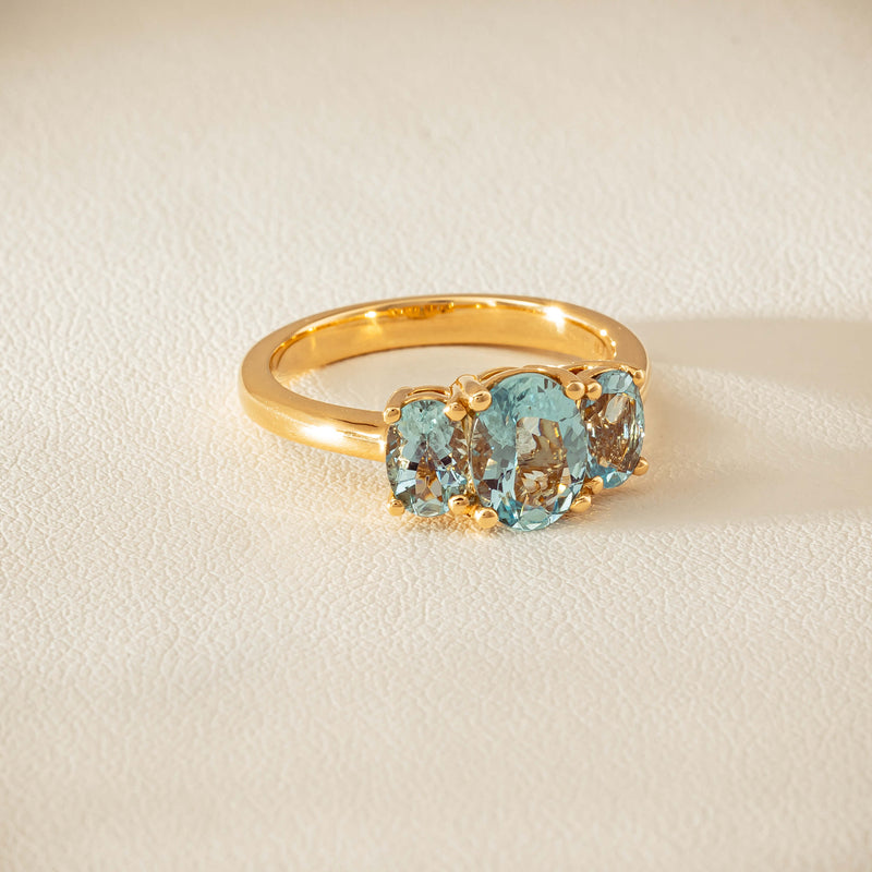 18ct Yellow Gold Aquamarine Odyssey Three-Stone Ring - Ring - Walker & Hall