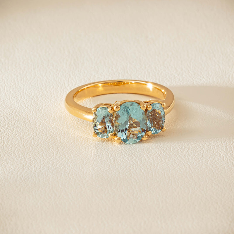 18ct Yellow Gold Aquamarine Odyssey Three-Stone Ring - Ring - Walker & Hall
