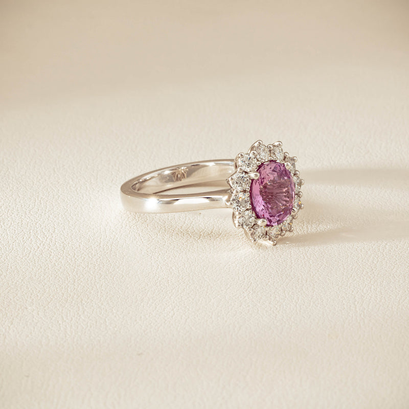 18ct White Gold 2.03ct Pink Sapphire & Diamond Belle Ring - Ring - Walker & Hall