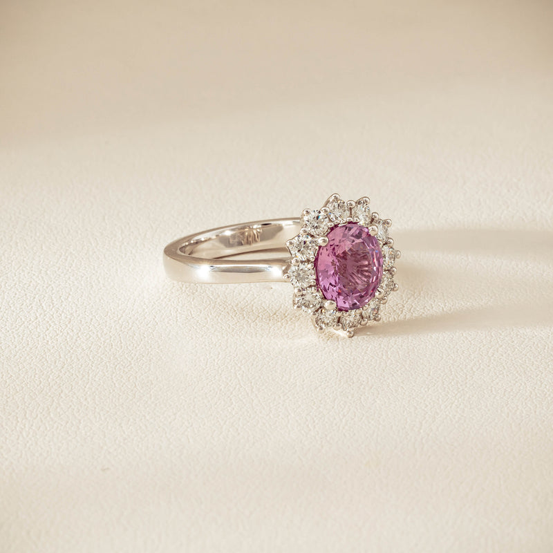 18ct White Gold 2.03ct Pink Sapphire & Diamond Belle Ring - Ring - Walker & Hall