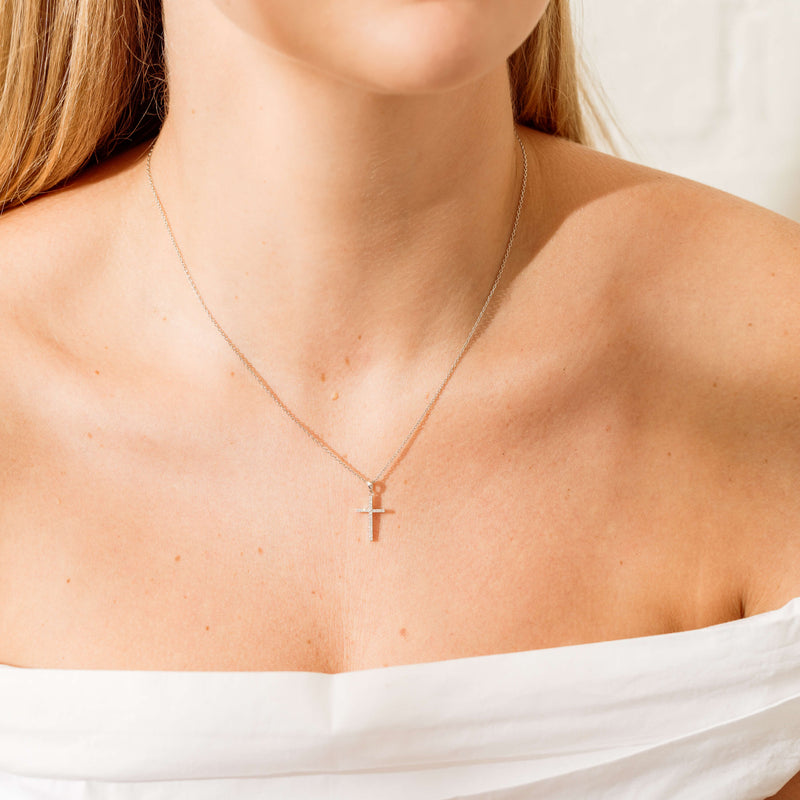 9ct White Gold Diamond Cross Pendant-Necklace-Walker & Hall
