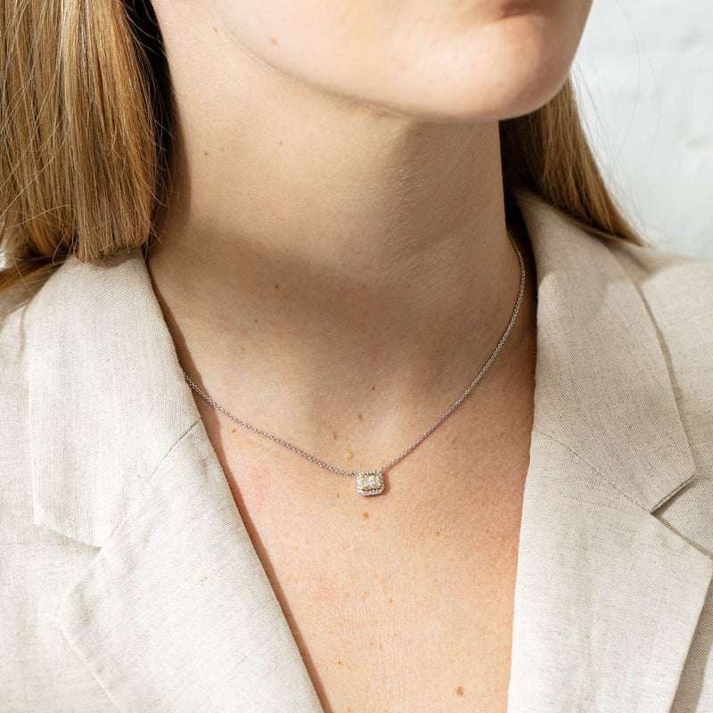 18ct White & Yellow Gold .59ct Diamond Halo Pendant-Necklace-Walker & Hall