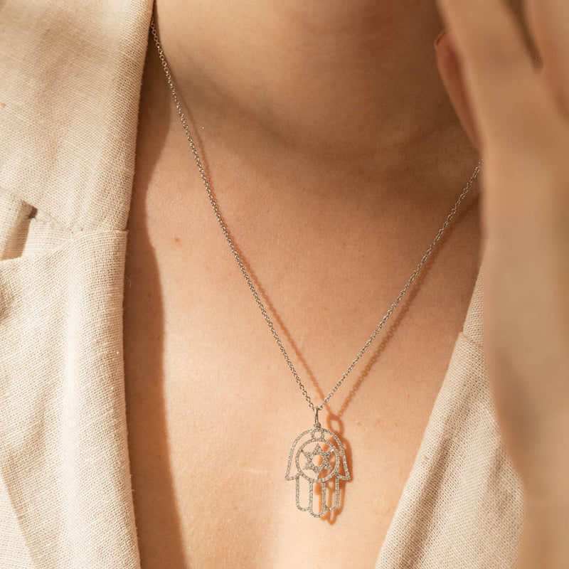 18ct White Gold .60ct Diamond Hamsa Star Of David Pendant-Necklace-Walker & Hall