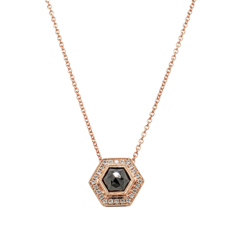 18ct Rose Gold .92ct Black Diamond Halo Pendant-Necklace-Walker & Hall