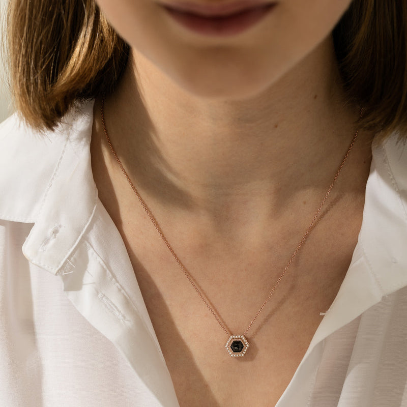 18ct Rose Gold .92ct Black Diamond Halo Pendant-Necklace-Walker & Hall