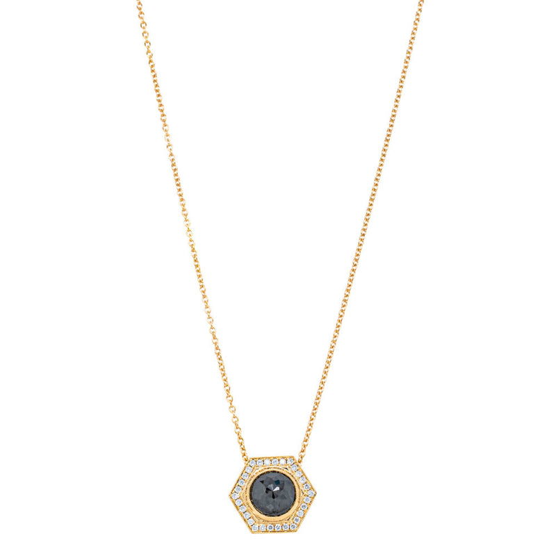 18ct Yellow Gold 1.45ct Black Diamond Halo Pendant-Necklace-Walker & Hall