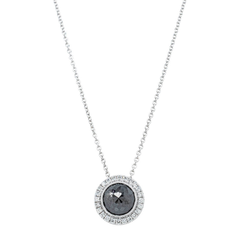 18ct White Gold 1.67ct Black Diamond Halo Pendant-Necklace-Walker & Hall
