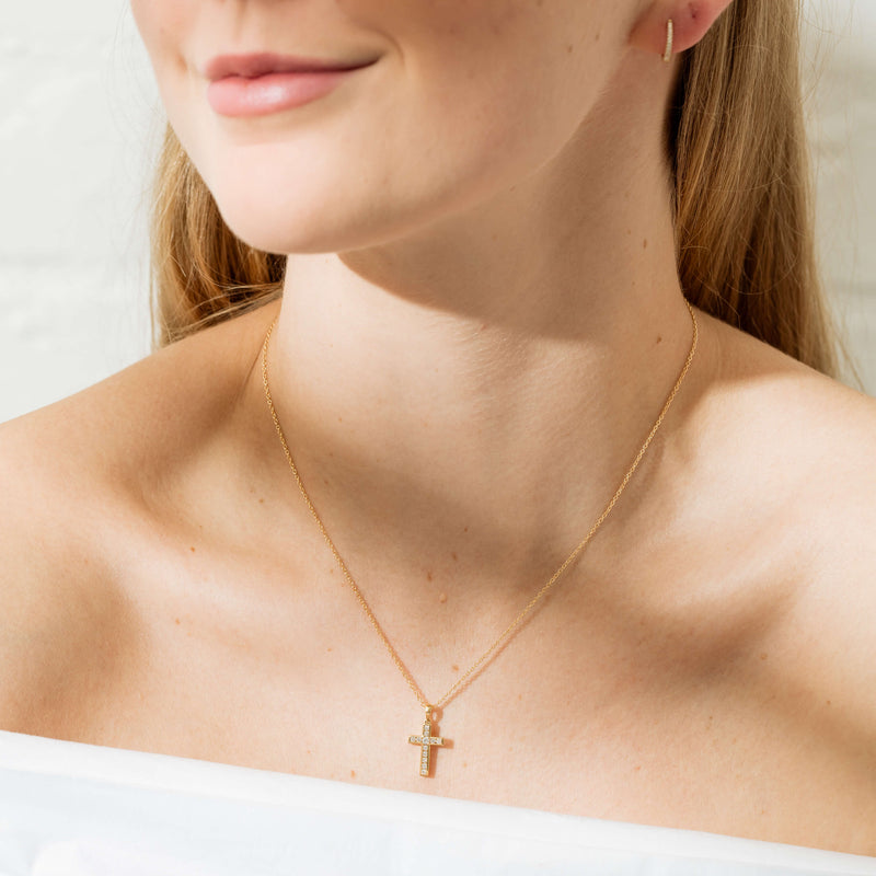 18ct Yellow Gold .26ct Diamond Cross Pendant-Necklace-Walker & Hall