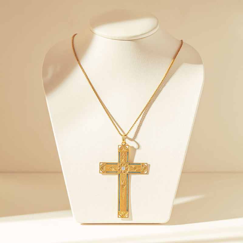 Vintage 17ct Yellow Gold .15ct Diamond Engraved and Enamelled Cross Pendant-Necklace-Walker & Hall