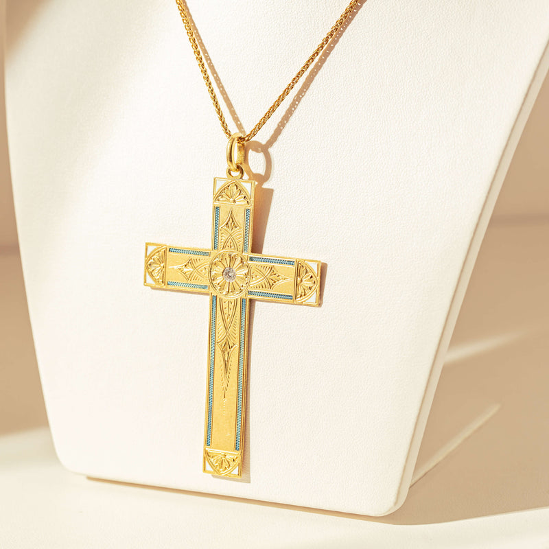 Vintage 17ct Yellow Gold .15ct Diamond Engraved and Enamelled Cross Pendant-Necklace-Walker & Hall