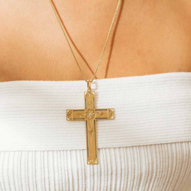 Vintage 17ct Yellow Gold .15ct Diamond Engraved and Enamelled Cross Pendant-Necklace-Walker & Hall