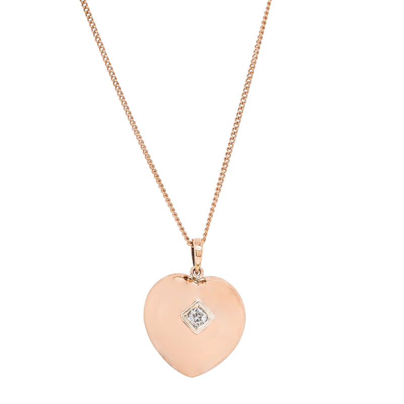 Vintage 9ct Rose Gold .20ct Diamond Heart Pendant-Necklace-Walker & Hall