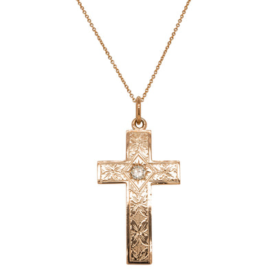 Vintage 9ct Rose Gold .36ct Diamond Engraved Cross Pendant - Necklace - Walker & Hall