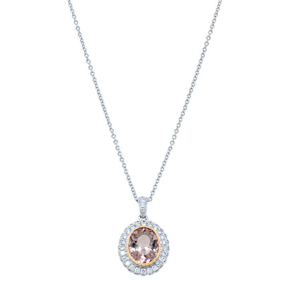 18ct White & Rose Gold 1.64ct Morganite & Diamond Halo Pendant-Necklace-Walker & Hall