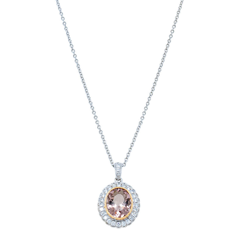 18ct White & Rose Gold 1.64ct Morganite & Diamond Halo Pendant-Necklace-Walker & Hall