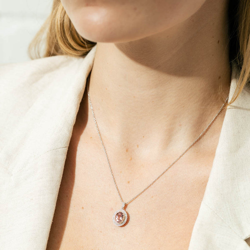 18ct White & Rose Gold 1.64ct Morganite & Diamond Halo Pendant-Necklace-Walker & Hall