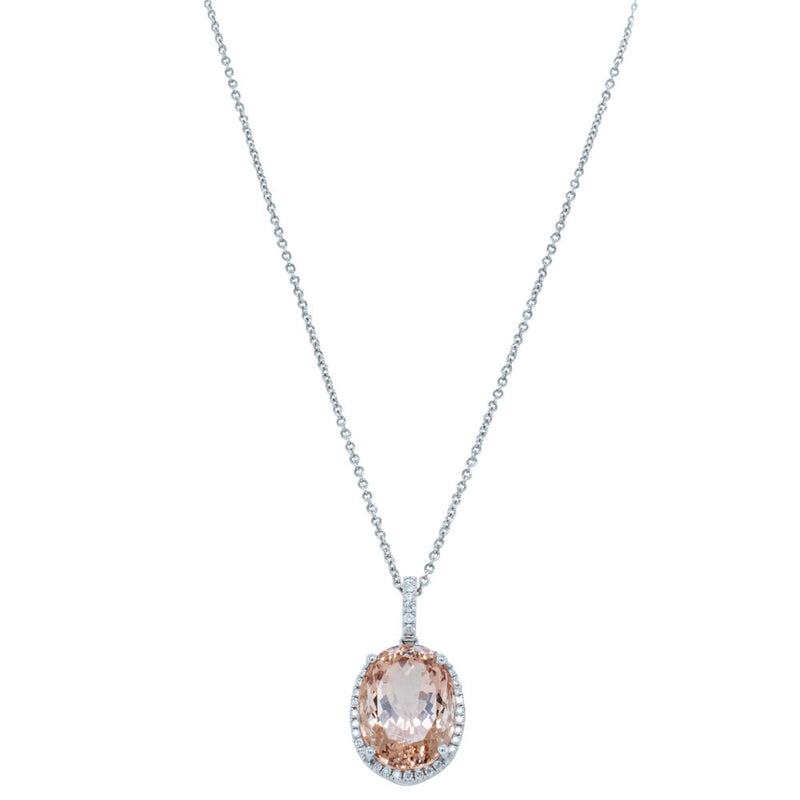 18ct White Gold 7.49ct Morganite & Diamond Halo Pendant-Necklace-Walker & Hall