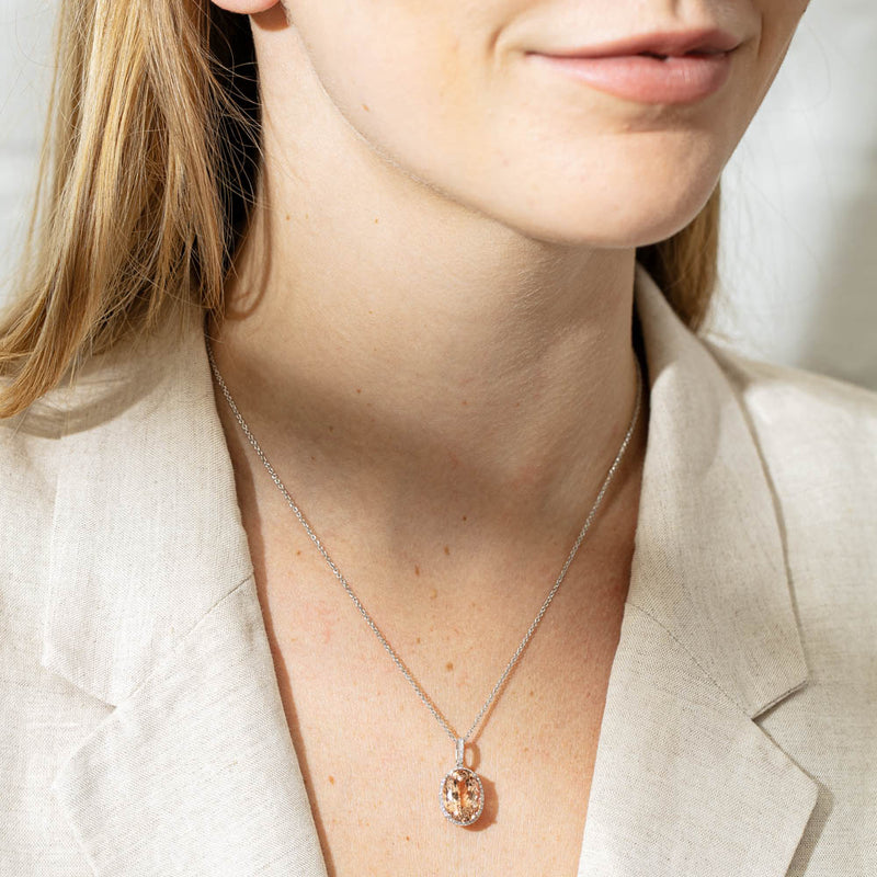 18ct White Gold 7.49ct Morganite & Diamond Halo Pendant-Necklace-Walker & Hall