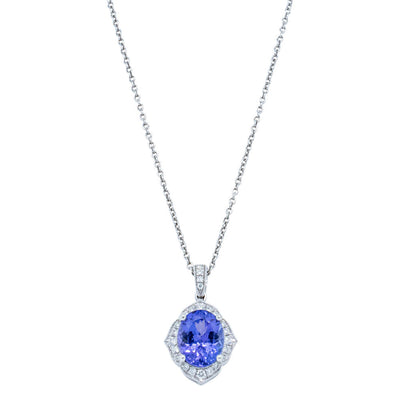 18ct White Gold Tanzanite & Diamond Halo Pendant-Necklace-Walker & Hall