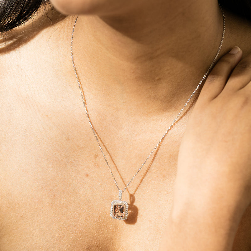 18ct White Gold 2.54ct Morganite & Diamond Halo Pendant-Necklace-Walker & Hall