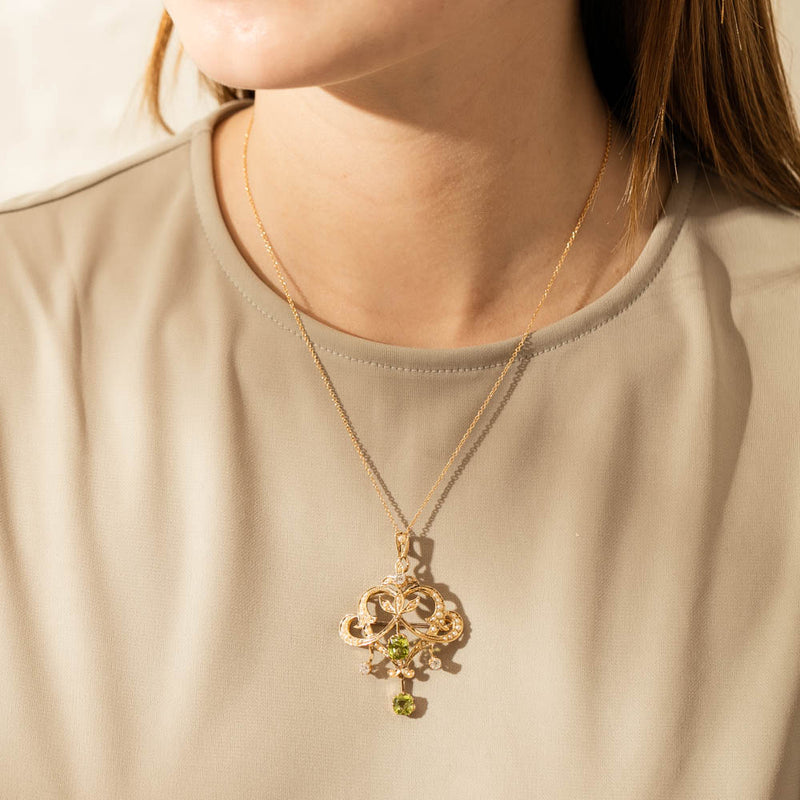 Vintage 14ct Yellow Gold Peridot, Diamond & Seed Pearl Pendant-Necklace-Walker & Hall