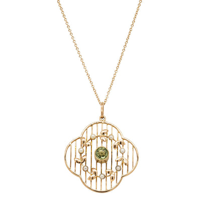 Vintage 15ct Yellow Gold Peridot & Pearl Pendant-Necklace-Walker & Hall