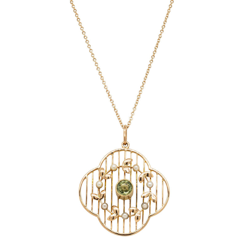 Vintage 15ct Yellow Gold Peridot & Pearl Pendant-Necklace-Walker & Hall
