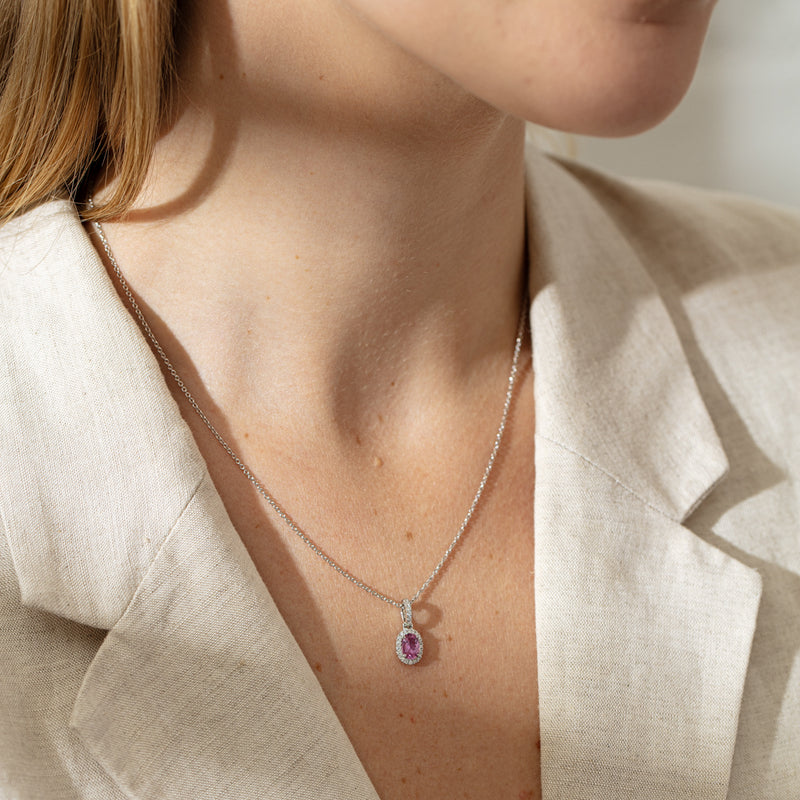 18ct White Gold .81ct Pink Sapphire & Diamond Pendant-Necklace-Walker & Hall