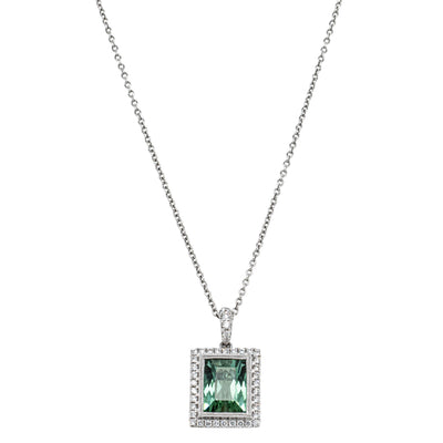 18ct White Gold Tourmaline & Diamond Halo Pendant-Necklace-Walker & Hall