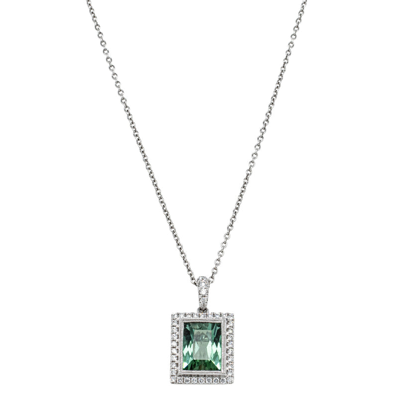18ct White Gold Tourmaline & Diamond Halo Pendant-Necklace-Walker & Hall