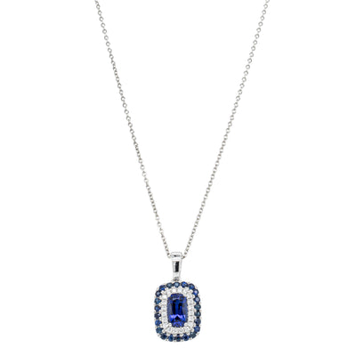 18ct White Gold 1.18ct Sapphire & Diamond Halo Pendant-Necklace-Walker & Hall