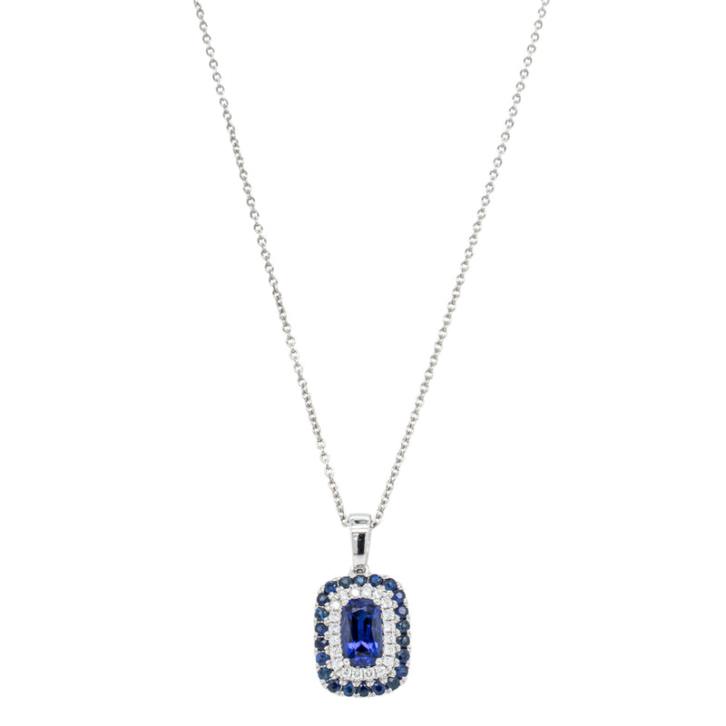 18ct White Gold 1.18ct Sapphire & Diamond Halo Pendant-Necklace-Walker & Hall